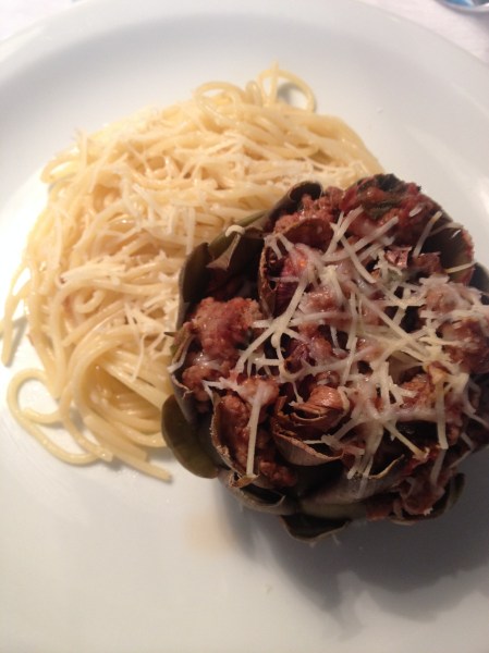 spaguetti com alcachofra